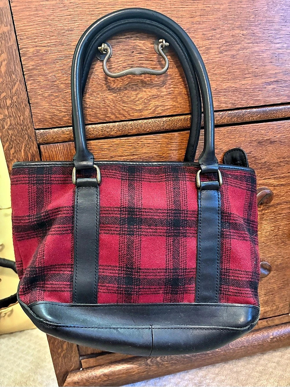 L.L.Bean Vintage Wool Plaid Leather Tote Bag Red & Black